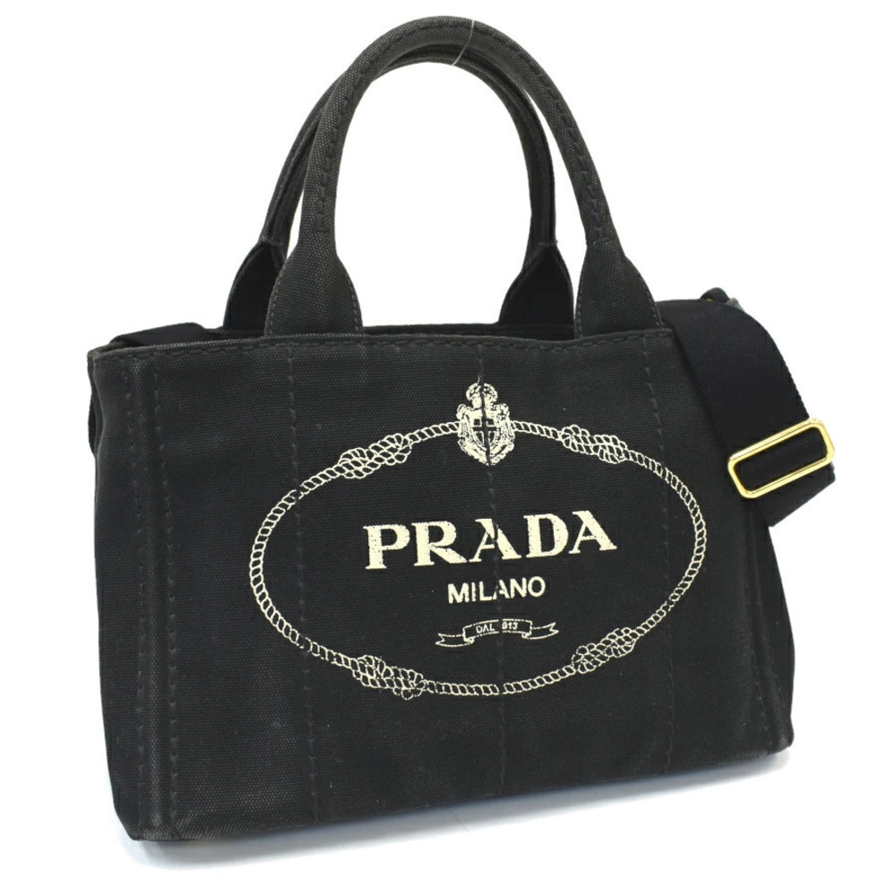 Prada Canapa Tote Bag Shoulder Canvas Black Triangle